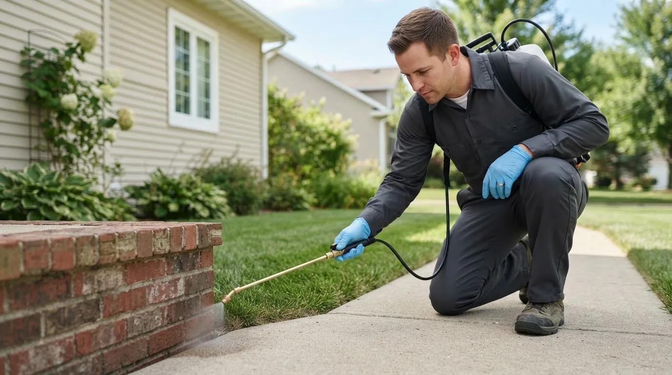 Pest control technician treating a home near Williston, VT